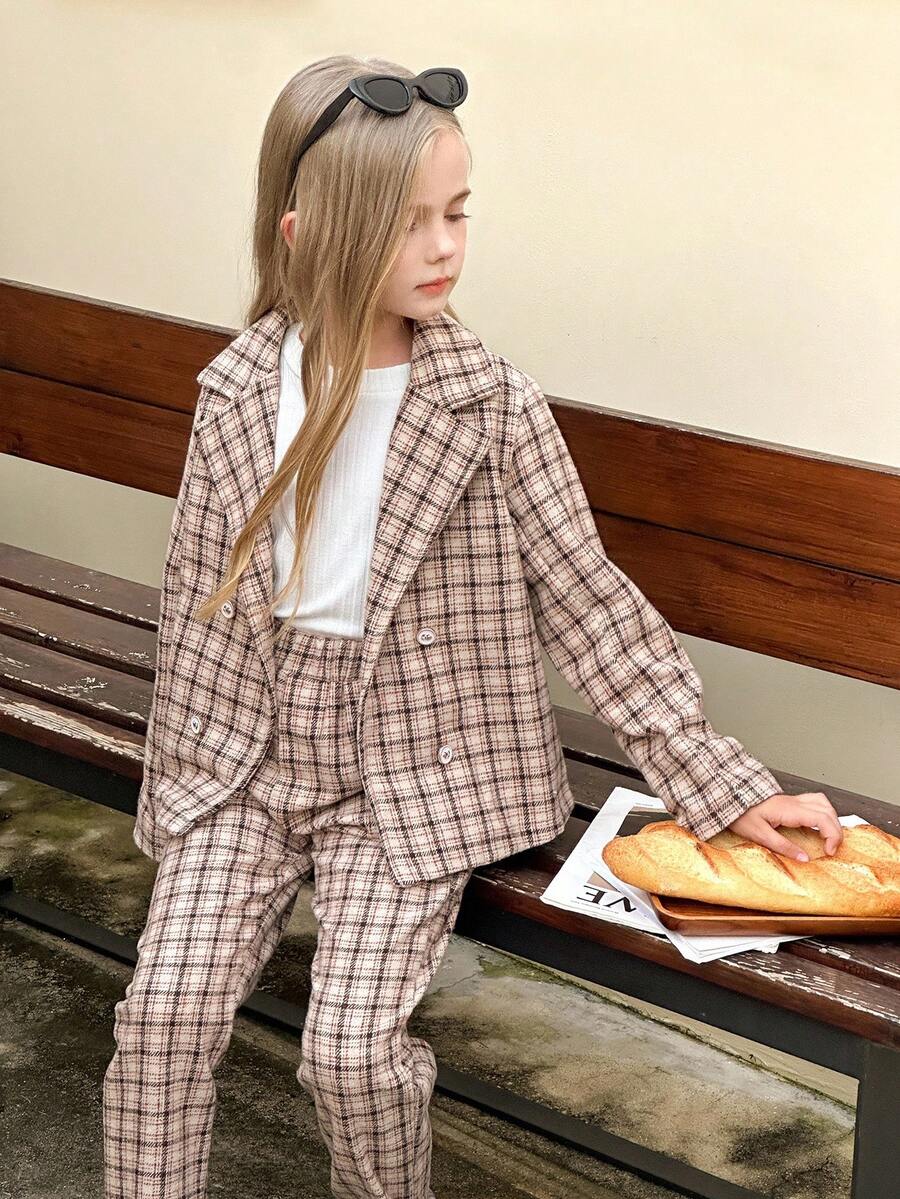 SHEIN Chaqueta de blazer caqui para niñas preadolescentes combinada con pantalones holgados a cuadros, conjunto cómodo y elegante para otoño/invierno - Caqui - Ver 1