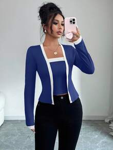 Elenzga 2pcs Women Knit Patchwork Elegant Cardigan And Sleeveless Top Set - Multicolor - View 6