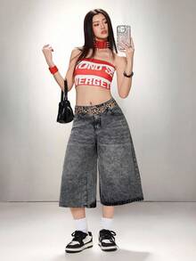 SHEIN ICON 女士休闲宽松七分阔腿牛仔裤，蓝色 - 深灰色 - 查看 5