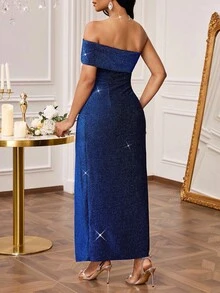 SHEIN Lady Women's Fashionable Twist Knot Asymmetrical Shoulder Split Dress - Royal Blue - View 2
