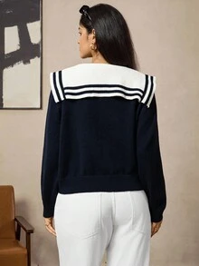 Zelara 大码女式海军蓝领休闲百搭毛衣水手开衫女式学院风开衫女式水手上衣航海风毛衣女式海军蓝开衫女式水手女式学院风上衣女式夏季开衫女式航海风女式学院风女式冬季新年 - 藏蓝色 - 查看 4
