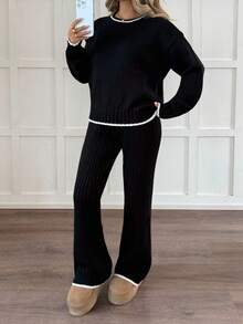 SHEIN 2 件套青少年女孩拼色针织毛衣百搭休闲百搭适合秋冬黑白 - 黑與白 - 查看 4