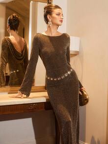 Poéselle 女士优雅修身垂坠露背金属网连衣裙 - 金色 - 查看 8