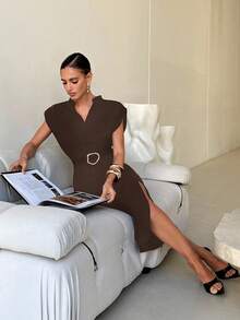 Lavishia Váy midi ôm sát tay Dolman cổ chữ V trơn màu dành cho nữ, Chân váy dài màu đen Minimalana thanh lịch với vai rộng và chữ V sâu, Gợi cảm, thanh lịch, đơn giản và đa năng để đi làm, Trang phục đi nghỉ thanh lịch giúp thon gọn cho phụ nữ, Váy mùa hè cho nữ, Váy tốt nghiệp - màu nâu - Xem 5