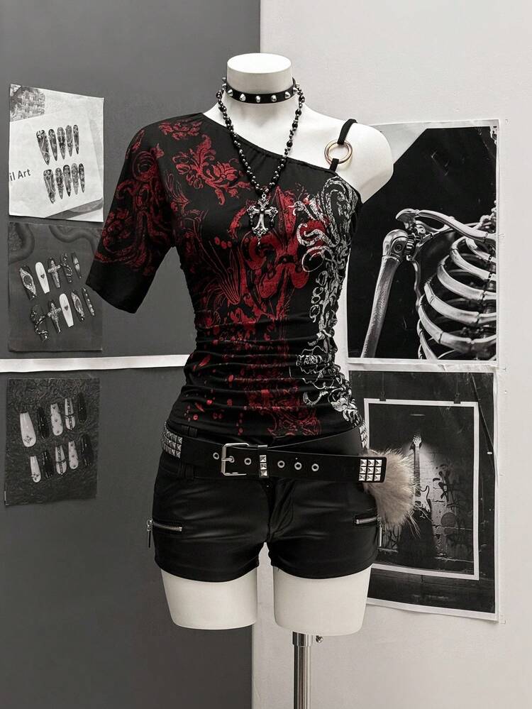 StreetHx T-shirt asymétrique à col plissé, imprimé, avec épaules obliques et ajusté, en couleurs contrastées pour femmes