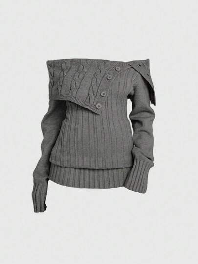 Y2K Stil Off-Shoulder gerippter Strickpullover mit Taillenraffung