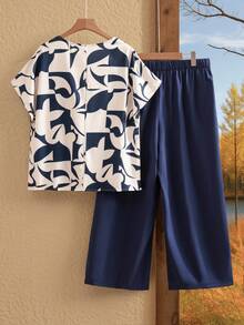 EMERY ROSE Plus Size 2Pcs Set Geometric Pattern, Minimalist Fashion Casual Everyday Wear,Western Wear Women