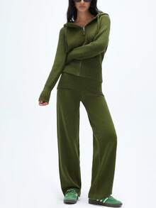 Aveloria Affinna Women's Drawstring Hooded Top And Loose Pants Knit Two Pieces Set - Army Green - View 6