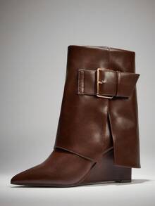 SHUZIA Giày bốt đế xuồng mũi nhọn, gấp gọn, cao đến giữa bắp chân, có khóa lớn quyến rũ dành cho nữ - màu nâu - Xem 5