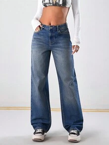EURMUSE High Waist Mid Washed Slant Pocket Straight Jeans - Medium Wash - View 3