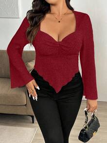 Vionelle 大码女式纯色甜心领扭纹设计长袖不对称下摆罗纹T恤 - 酒紅色 - 查看 6
