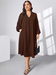 SHEIN Essnce Plus Size Women Spring And Summer Fashion Casual Loose Comfortable Cool Daily Brown V-Neck Long Sleeve Mid-Length Dress, Conservative Dress,Church Clothes Women,Old Money Style,Modesty Clothes Women,Fall Outfits/Fall/Winter - Brown - View 5