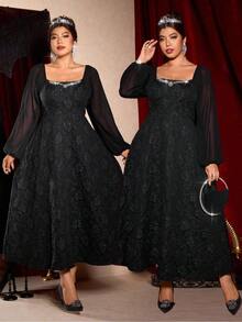 Cravure 永不过时：哥特式预科风，融入周三元素。拥抱你内心的暗黑女性时尚。大码女式秋季时尚优雅派对修身花卉装饰方领长袖超长连衣裙，适合万圣节装扮 - 黑色 - 查看 6