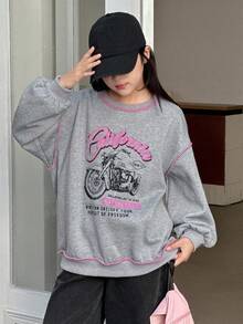 DAZY Tween Girls Crew Neck Printed Fleece Sweatshirt, Fall,Winter - Grey - View 4