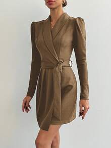 SHEIN Tall Tall Size Women's Surplice Neck Elegant Belted Solid Dress - Khaki - View 4