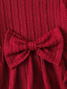 SHEIN مجموعة من قطعتين من لباس علوي بأكمام طويلة وبنطلون كاجوال ملائم للفتيات الصغيرات لفصل الخريف/الشتاء وأعياد الميلاد، مصنوعة من قماش محبوك بلون واحد مع فيونكة كبيرة، سترة من نسيج الكابل، رائعة للارتداء اليومي والمناسبات المدرسية.