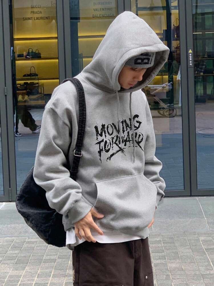 Men's Graphic Letter Print Thermal Lined Hoodie, Autumn/Winter