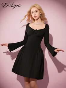 Teen Girl Pure Sweet Retro Square Collar Ruched Bow Flare Sleeve Dress, Suitable For Dates, Parties, And Daily Wear Fall Winter - Black - View 3