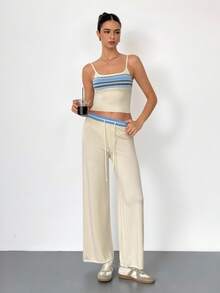 SHEIN Tall Vestă contrastantă cu talie joasă și șnur de cusut, pantaloni largi tricotați, ușori, de primăvară-vară, doar pentru vacanțe, eleganți, pentru plajă, drăguți, pentru aeroport, casă de plajă, îmbrăcăminte de aeroport, vacanță, toamnă/iarnă - Cremă - Vizualizare 2