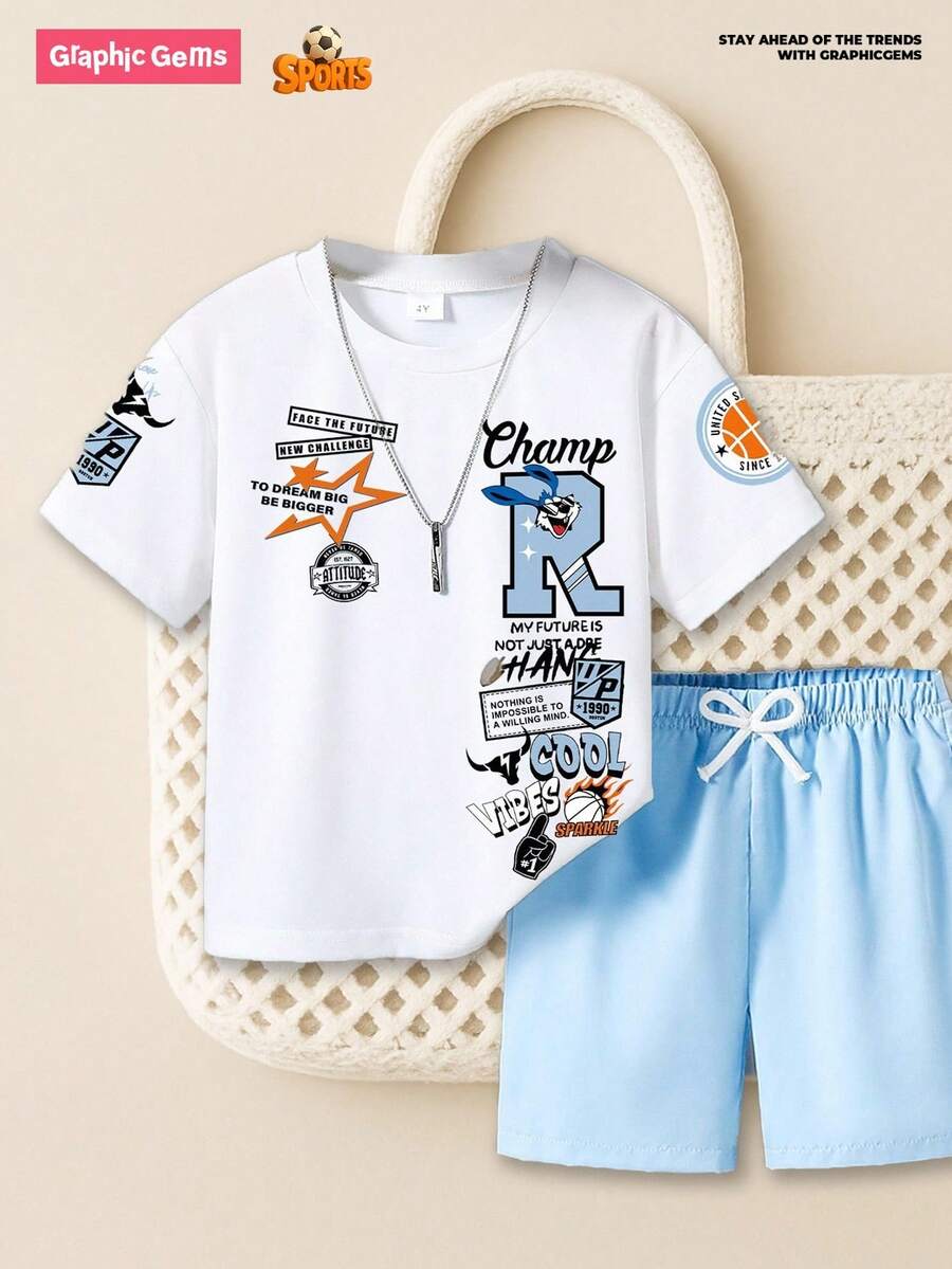 GraphicGems 2件套男童字母印花短袖T恤和短裤小男孩套装小男孩西装套装小男孩两件套小男孩套装小女孩套装夏季 - 白色 - 查看 1