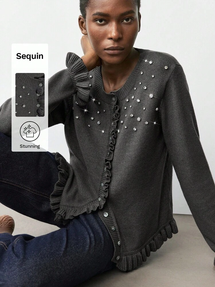 SHEIN Maija Women's Gray Round Neck Rhinestone Trim Hem And Cuff Design Knitted Sweater, Fall For Women Christmas Sweater Sequin Party Winter For Women Office For Women Elegant Women's Blouses Casual Blouses For Women Thanksgiving For Women Party Halloween Costume Women Christmas Sweater