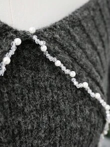 Sweetra 女士优雅时尚圣诞单肩新年翻领喇叭长袖镶钻针织套头衫加大码毛衣，露肩上衣，Y2K风格外出毛衣，春秋冬季 - 深灰色 - 查看 5