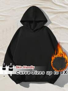 SHEIN CURVE+ 大码女式黑色长袖连帽休闲宽松运动衫，适合秋冬季 - 黑色 - 查看 1
