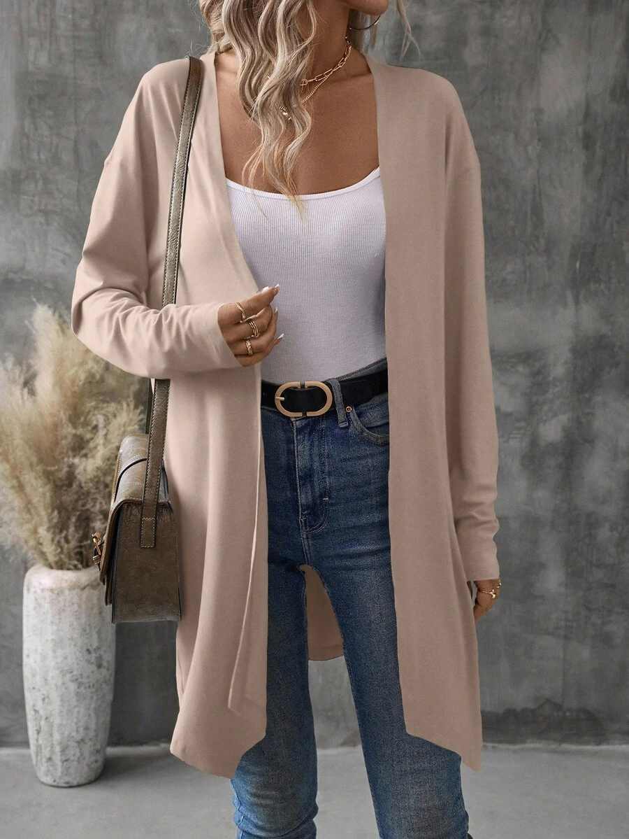 EMERY ROSE Women's Lapel Mid-Length Jacket With Asymmetrical Hem, Commuter Style - Apricot - View 1