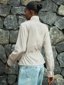 Lumivelle Women's Casual High Neck Zip-Up Cinched Waist Long Sleeve Lightweight Jacket