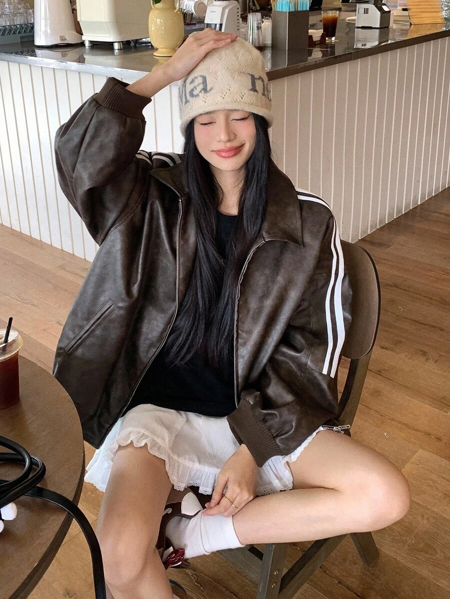 DAZY 女式撞色条纹拼布翻领 PU 皮夹克，休闲街头风格秋冬