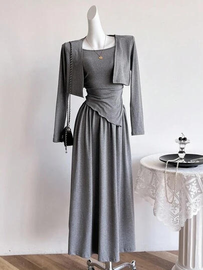 Sweetra Young 少女休闲优雅长袖开衫上衣，不对称下摆，背心和迷你裙套装