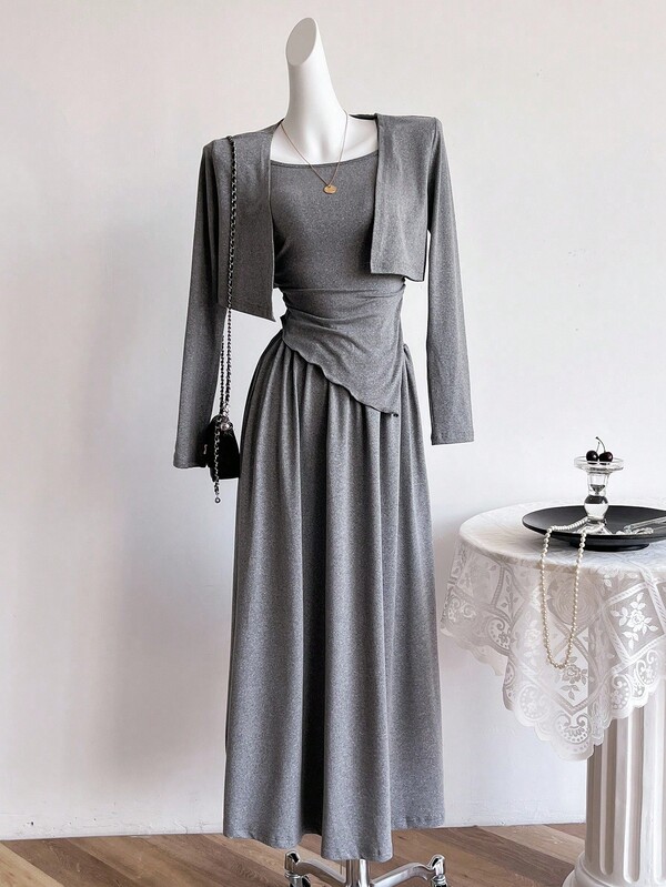 Sweetra Young Conjunto de niña adolescente con cárdigan de manga larga casual y elegante con bajo asimétrico, chaleco y minifalda