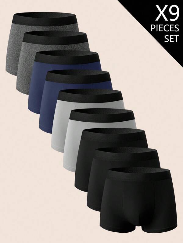 Manfinity Underwear&Sleepwear Basics 9pcs/Set Plus Size Men's Elastic Waist Casual Comfortable Boxer Briefs