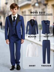 SHEIN 4件套青少年男孩高级优雅时尚正装套装，适合宴会、婚礼、舞台表演和主持。包含西装外套、修身背心、白色长袖衬衫和休闲裤。适合晚宴、典礼、舞台表演、聚会、T台走秀、洗礼、商务、生日派对、婚礼、毕业典礼 - 四季皆宜 - 藏蓝色 - 查看 8