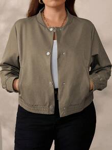 SHEIN Plus Size Women's Solid Color Casual Jacket Fall Winter Cloth For Women Autumn - Army Green - View 5