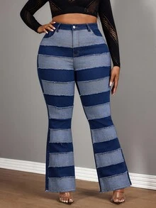 Slaydiva Winter Outfit Plus Size Women Cowgirl Style Blue Elastic Patchwork Straight Leg Jeans, Fall Outfit