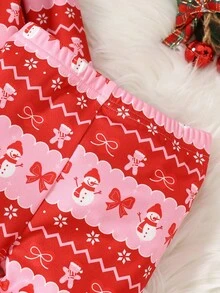 2 件套女童可爱心形和雪人圣诞印花红色圆领长袖上衣和裤子针织弹力舒适合身睡衣套装 - 紅色 - 查看 6