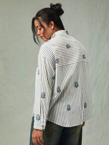 Freevana 大码秋冬时尚女式衬衫，优雅休闲，适合圣诞节外出、复古风、乡村音乐会等场合，可爱基础款刺绣 - 藍白色 - 查看 2