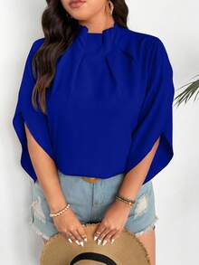 SHEIN Clasi 大码女式纯色立领七分袖宽松时尚衬衫 - 寶藍色 - 查看 5