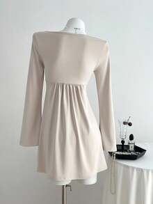 Elamini 女式休闲百搭新款扭结V领长袖紧身连衣裙，秋季 - 杏色 - 查看 2