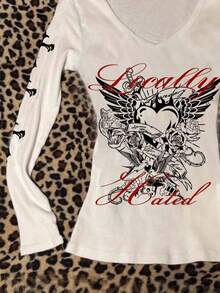 Attitoon Women's V-Neck Casual Minimalist Heart Wing Thorn Rose Letter Retro Punk Goth Print Fitted Long Sleeve T-Shirt, Versatile For Matching, Airport White Tee, Y2KIn Fall/Winter