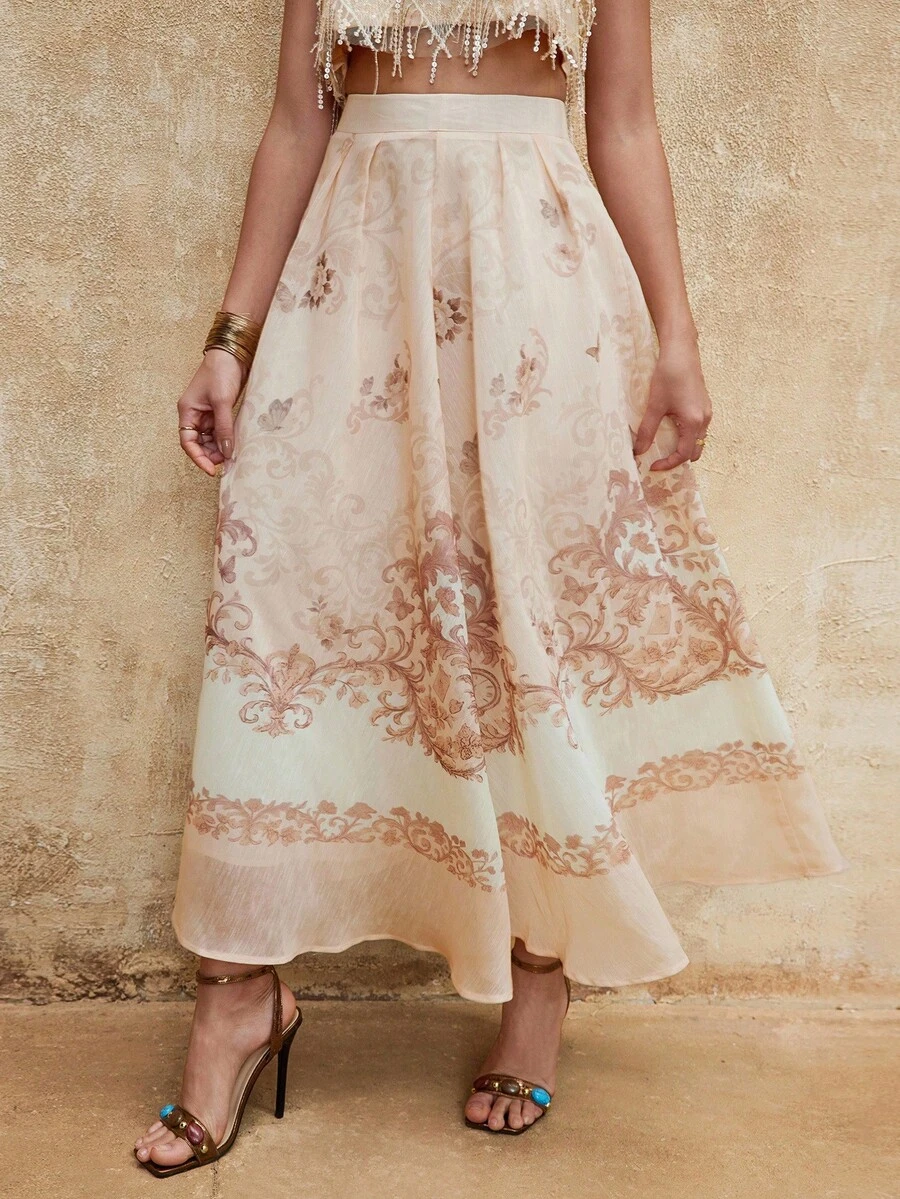 Lumalex VITNOS New Spring Collection, Luxury Vintage-Inspired Floral Border Print High-Waist Maxi Skirt – Lightweight Sheer Chiffon, Soft A-Line Silhouette, Elegant Flowing Hem, Summer Resort & Occasion Wear, New Year Glamour, Brown Skit, Elegant For Parties, New Year Parties, Holiday Party Guide, Elegant Skirt