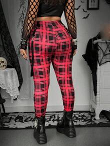 SHEIN Whyspr Grunge Punk Plus Size Women Punk Plaid Print Dark Style Leggings - Multicolor - View 2
