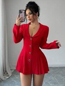 Selianne 情人节红色长袖收腰褶皱心形领 A 字型优雅女式西装外套新年服装 - 紅色 - 查看 4