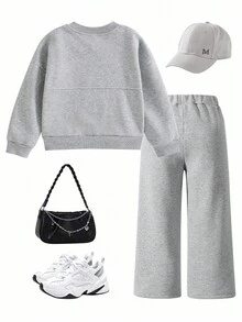 SHEIN 2pcs/Set Young Girls Elegant Slim Fit Jacket And High Waist Wide Leg Pants Set, Spring/Autumn Fall Winter