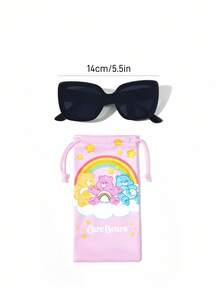 SHEIN X Care Bears Fashionable Gold Foil Cartoon Pattern Black Oversized Frame Women's Fashion Glasses, Suitable For Vacation, Travel, And Photography, Comes With Storage Pouch - Black - View 5