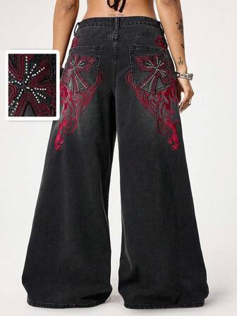 Grunge Punk Punk Distressed Cross & Vine Washed Plus Size Straight Leg Extra Long Plus Size Women Jeans