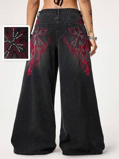 Grunge Punk Punk-Style verwaschen Kreuz & Rebe Gerade Bein Extra Lange Damen Große Größen Jeans