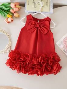 Elladie kids Vestido elegante sin mangas para niñas bebé con decoración de lazo y volantes en el bajo de malla, para primavera/verano - Rojo - Ver 7