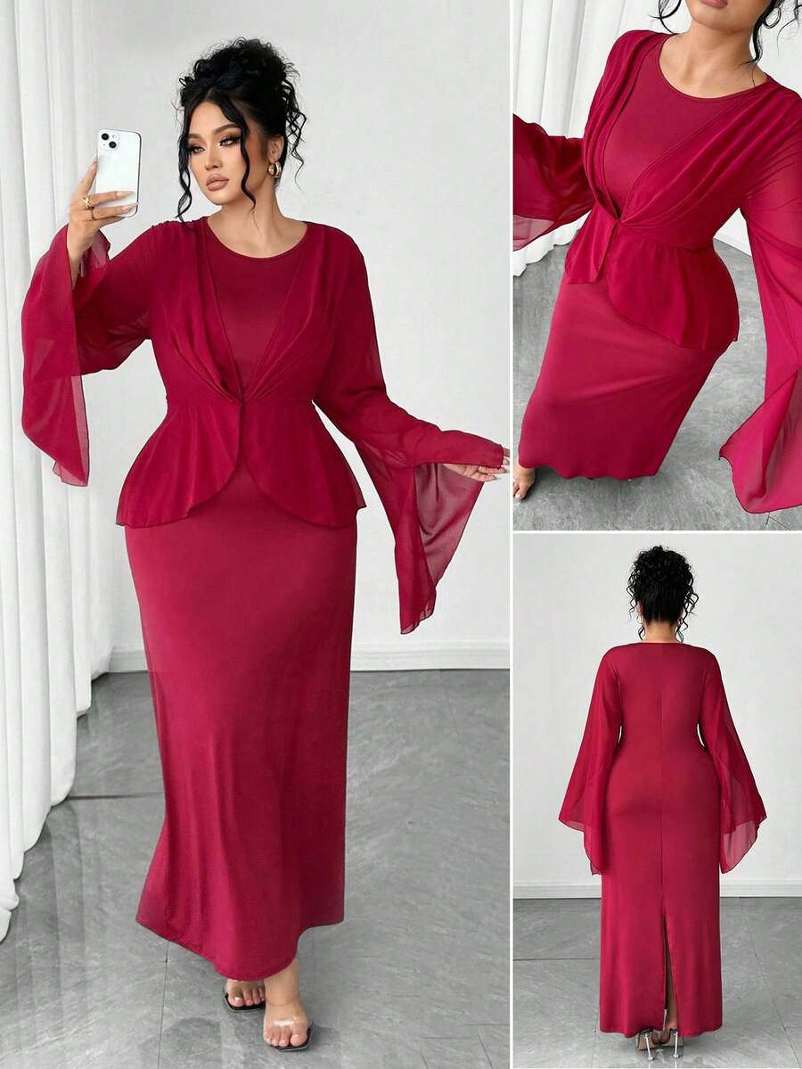 Elenzga Elegantes Kleid in Große Größen für Damen mit rundem Ausschnitt, asymmetrischen Ärmeln, figurbetonter Passform, Chiffon-Patchwork und Schlitz am Rücken - Bordeaux - Übersicht 1